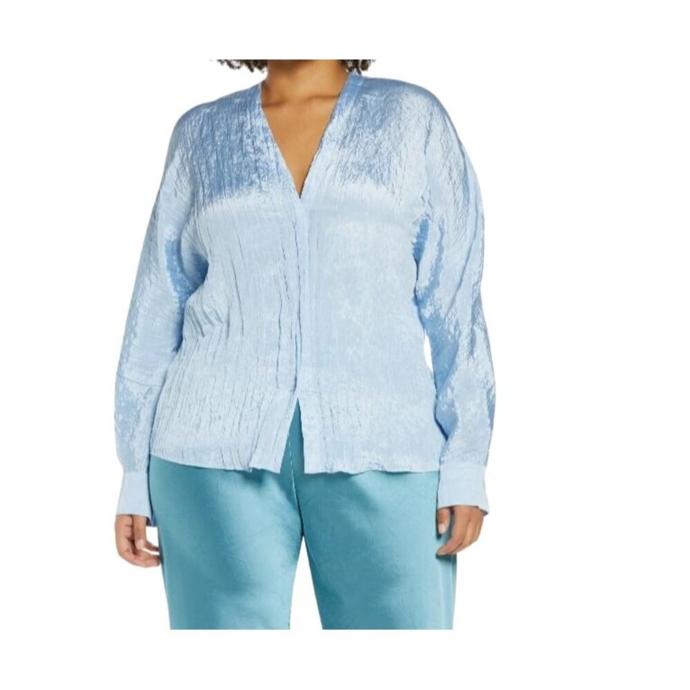 Vince Women's Blouse Double V-Neck Crinkle Cerulean Blue Long Sleeve 3X NEW